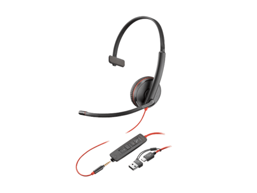 Poly Blackwire 3215 Monaural USB-C Headset +3.5mm Plug +USB-C/A Adapter, (Black), Warranty 2-year, -8X227AA