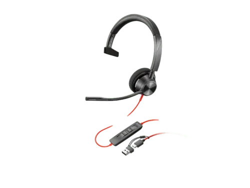 Poly Blackwire 3310 Monaural Microsoft Teams Certified USB-C Headset +USB-C/A Adapter, (Black), Warranty 2-year -8X216AA.